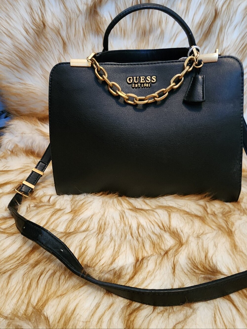 GUESS Black Top-Handle Satchel with Gold Chain Detail